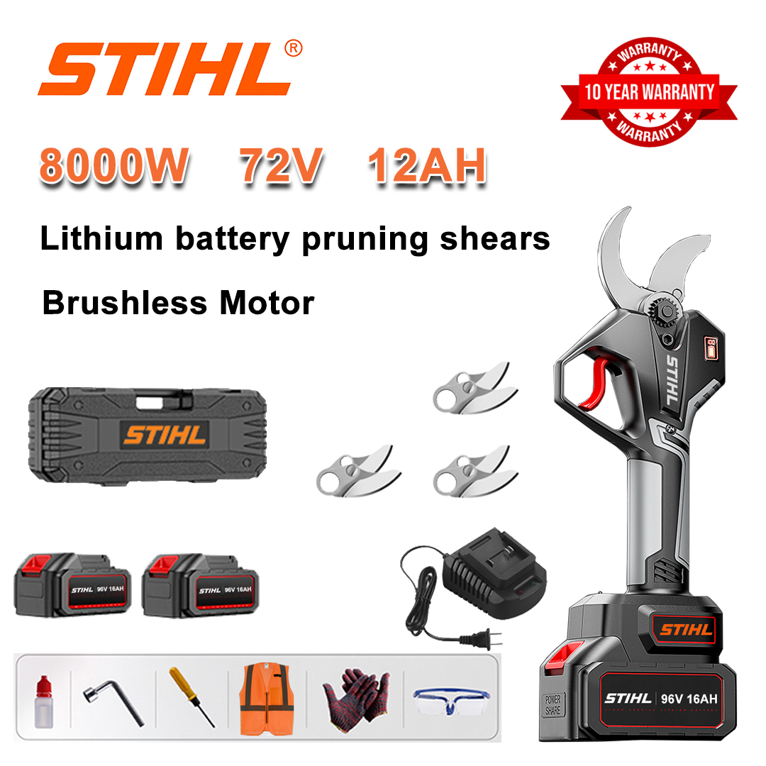 Tijeras de podar batería de litio sin escobillas 8000W + baterías 72V 12Ah * 2 + cuchillas de aleación SK9 * 3 + cargador + pantalla de alimentación LED + caja de herramientas + lubricante + gafas + garantía de 10 años